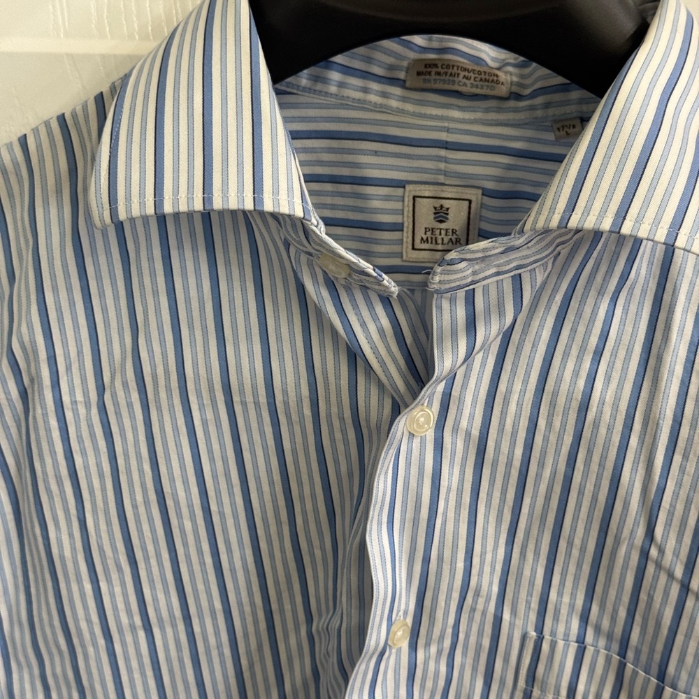 Peter Millar Blue and White Stripe Long Sleeve Shirt 17 1/2 Large